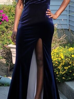 City Studio Navy Velvet Gown with Front Thigh Slit